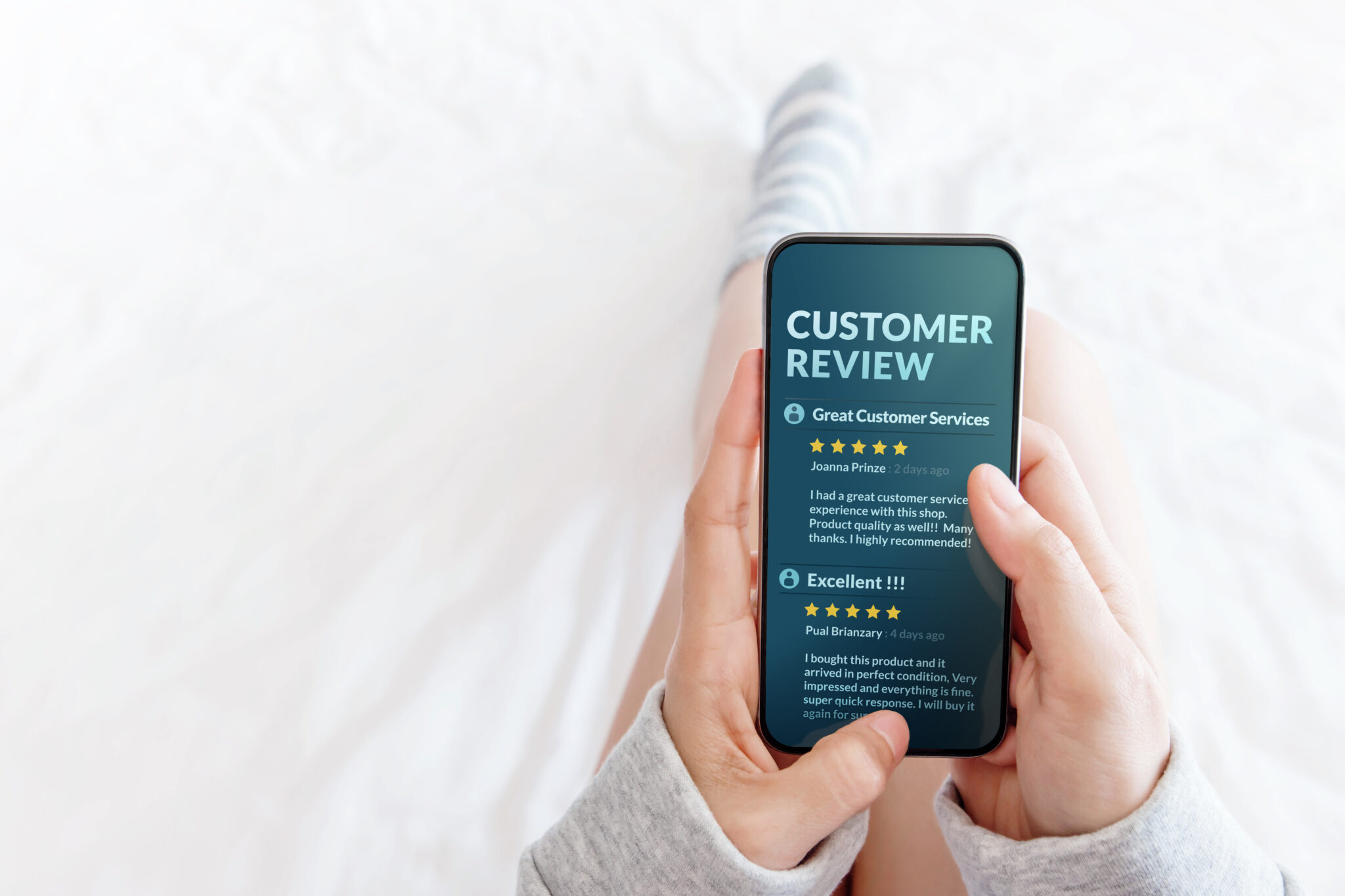 Customer Experience Concept. Woman lying on Bed to Reading Onlin